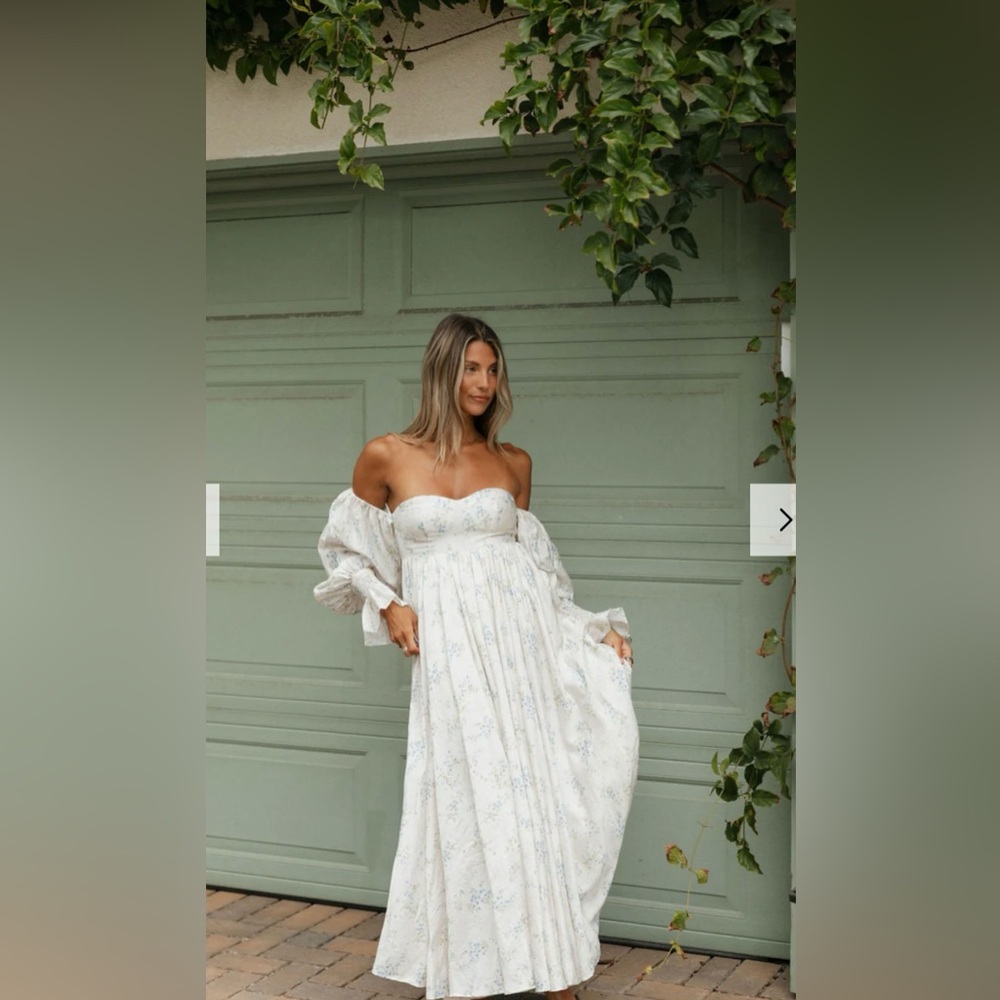 Chic Off-Shoulder White Dress with Floral Design